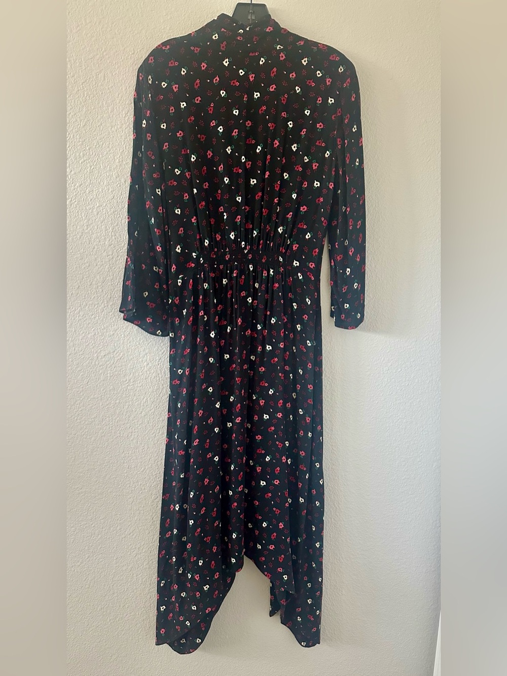 ba&sh Black Floral Midi Dress V Neck Tie Waist Handkerchief Hem Size M